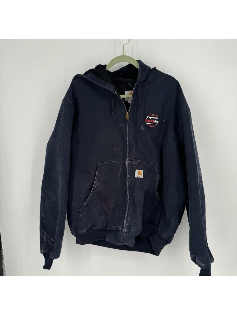 Vintage Carhartt coat mens XL J131 navy blue canvas company logo duck thermal